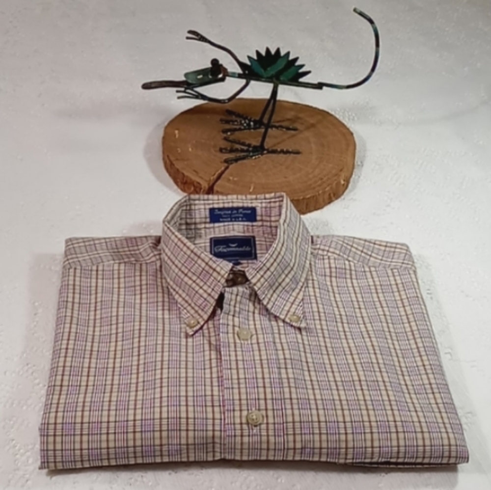 Faconnable Men's Short Sleeve Plaid Button Down Shirt Made in USA 🇺🇸 Size L